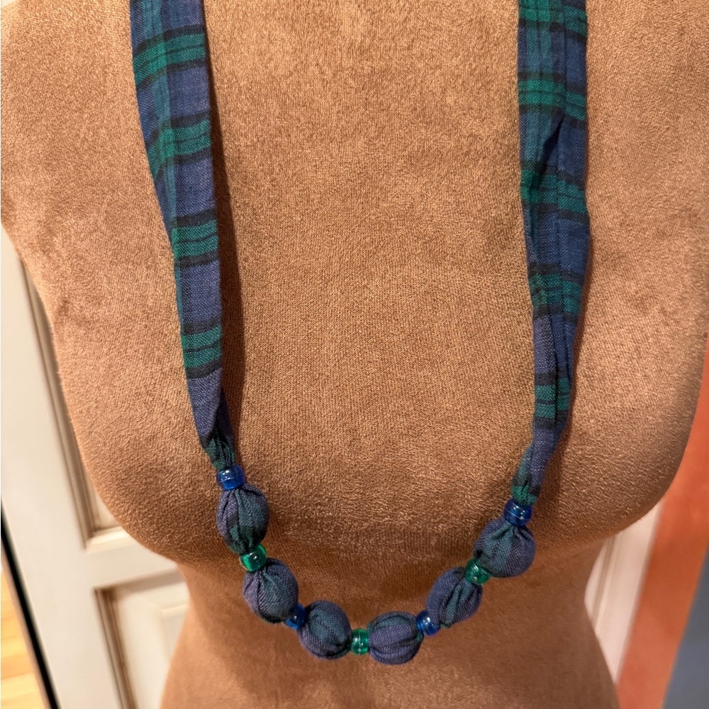 Plaid Fabric Bead Necklace - Blue and Green Tartan Handmade grannycore